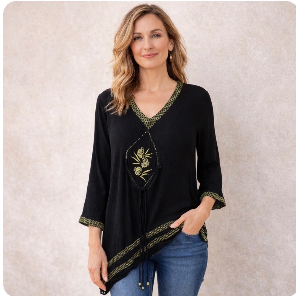 Midnight Velvet Boho Beaded Crinkle‎ Tunic Top 1X Black Embroidered Asymmetrical
